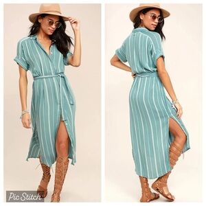 O’Neill Striped Maxi Shirt Dress Teal Blue Belted Button Front Boho | Size XL